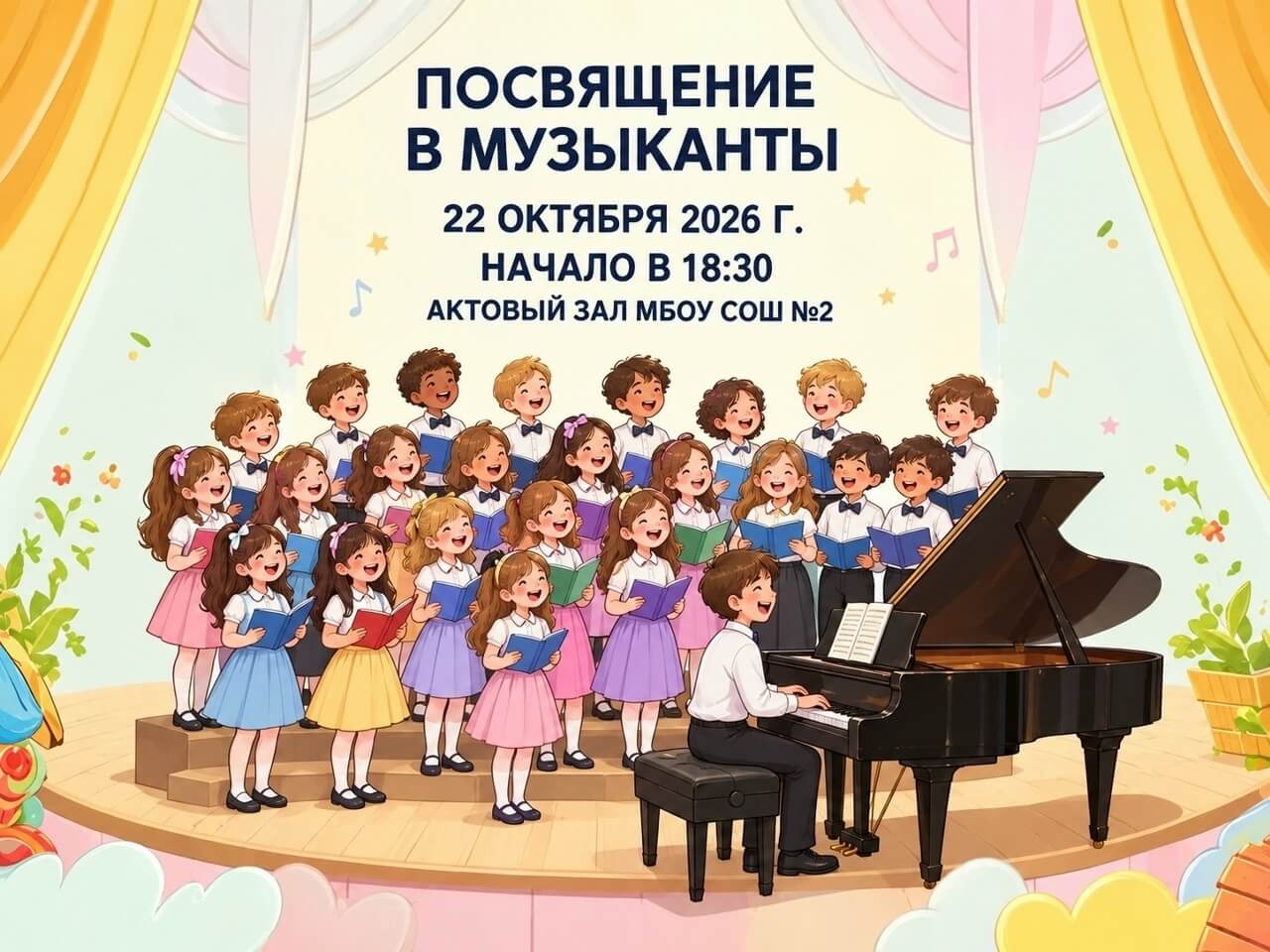 Афиша концерта «Посвящение в музыканты»: детский хор и юный пианист на сцене, 22 октября 2026 года, начало в 18:30, актовый зал МБОУ СОШ № 2