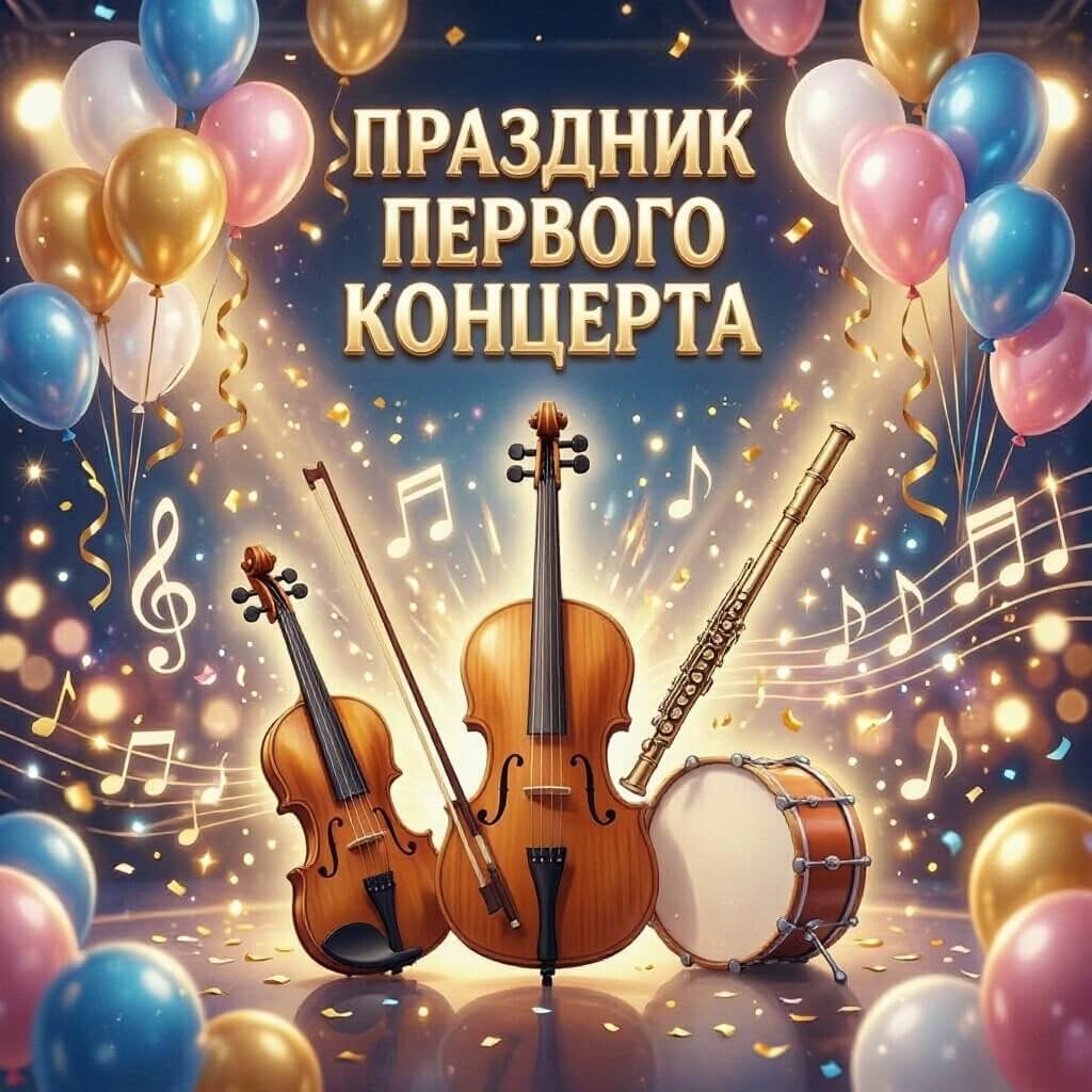 Афиша «Праздник первого концерта»: скрипка, виолончель, флейта и барабан среди воздушных шаров и музыкальных нот
